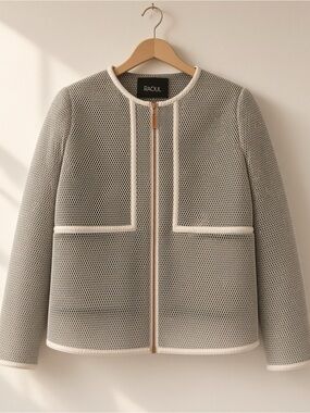 Raoul Neutral Ivory geometric mesh blazer jacket. Rose gold detail luxury brand.